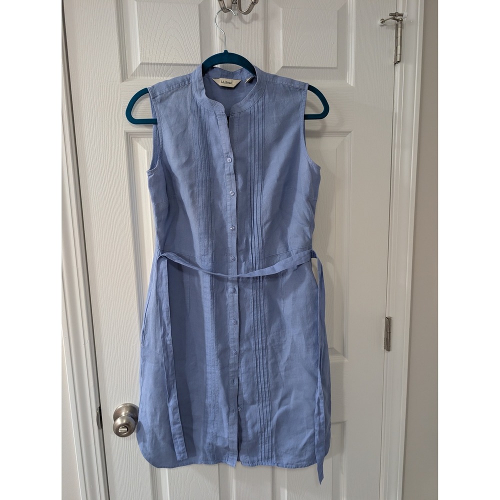 L.L. Bean Women's 6, 100% Linen, Sleeveless Shirt Dress, Blue Tie Waist, Pockets